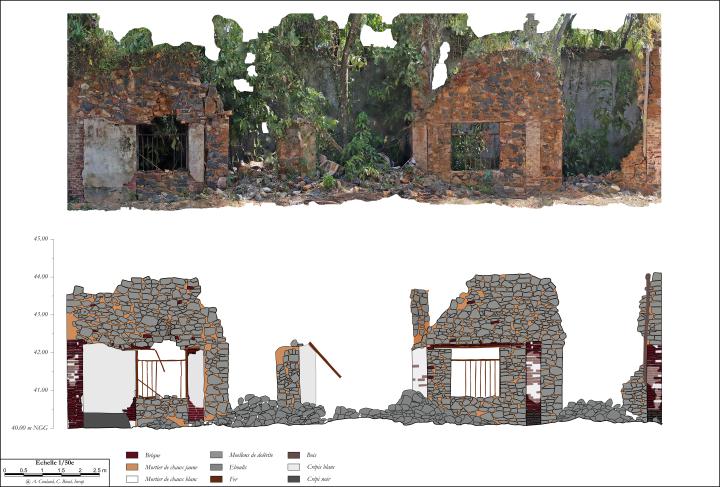 Relev&eacute; photogramm&eacute;trique de la fa&ccedil;ade ouest du b&acirc;timent des cuisines et relev&eacute; architectural comment&eacute;