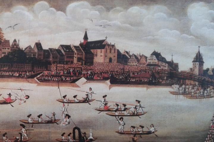 Vue de l&rsquo;&eacute;glise en 1666, avec les trois pignons en fa&ccedil;ade - Huile sur toile de Leonhard Baldner (XVIIe s.)