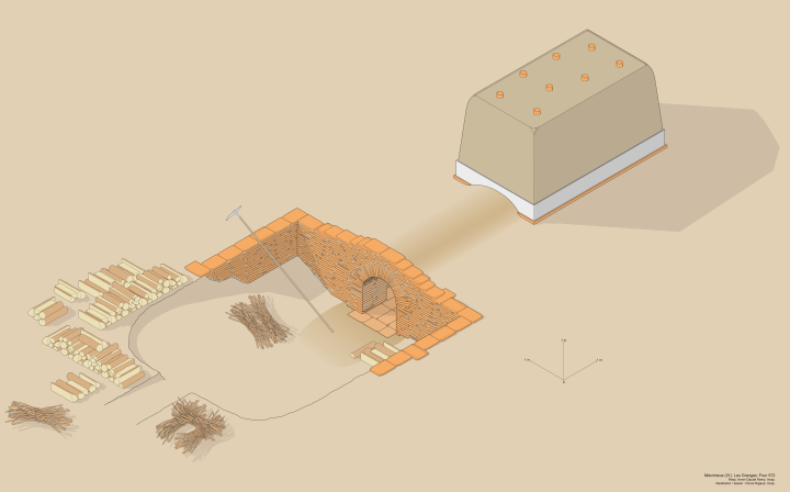 Restitution d'un des fours (le plus ancien) en coupe axonom&eacute;trique (four ferm&eacute;)