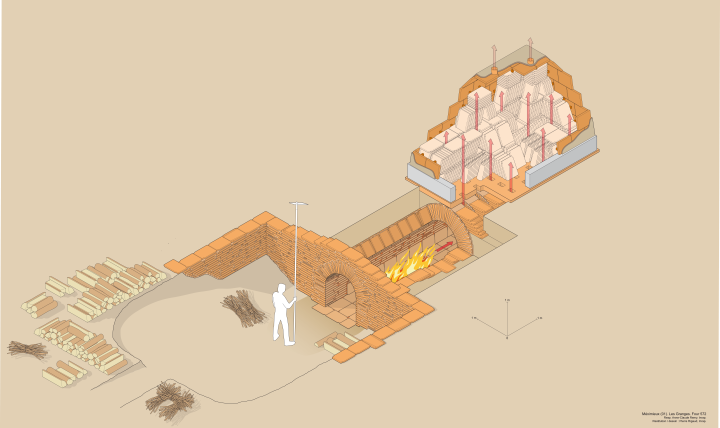 Restitution d'un des fours (le plus ancien) en coupe axonom&eacute;trique (four ouvert)