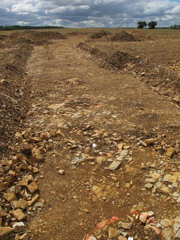 Vue de quelques-uns des trous de poteau de la palissade du Second âge du Fer