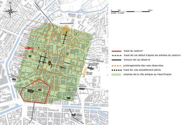 Localisation du site dans le quadrillage que formaient les rues de la ville antique. 
