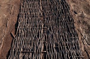 Fonds de bassins en vannerie des XIVe et XVe s., fouille du site de l'Hôtel du Département à Troyes (Aube), 2010.  Ces bassins, profonds d'un mètre environ, voyaient leurs sols recouverts de vannerie permettant d'éviter le contact entre les peaux et la te