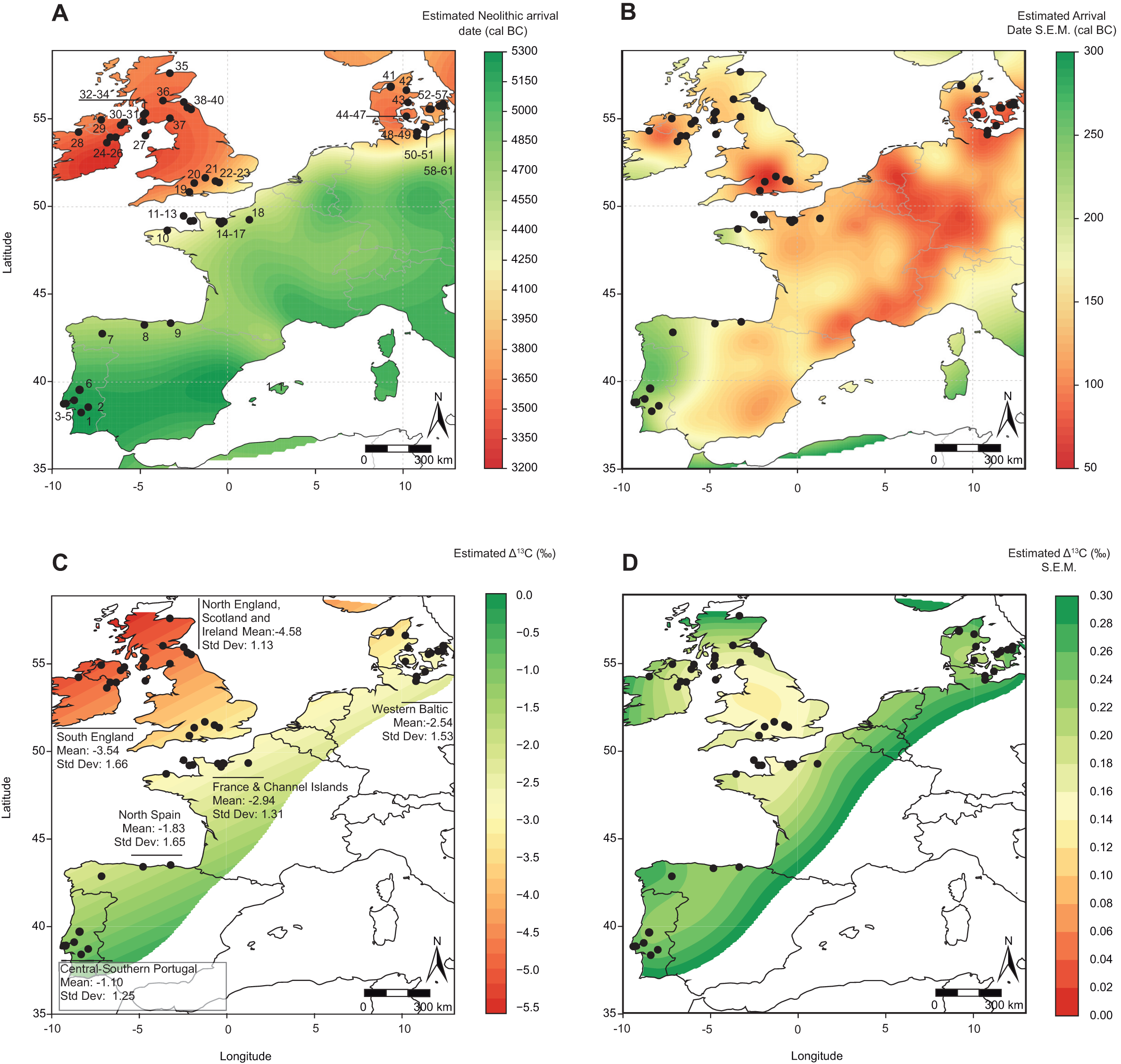  Carte de l'Europe atlantique montrant les dates estim&eacute;es de la dispersion au N&eacute;olithique et les compositions d'isotopes de carbone des acides gras de la poterie du N&eacute;olithique pr&eacute;coce. 